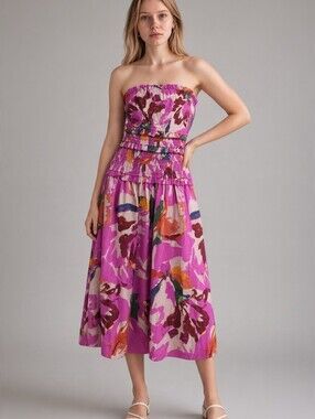 Floral Strapless Midi Dress in Vibrant Pink